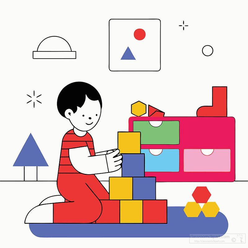 child plays with colorful blocks surrounded by simple geometric 