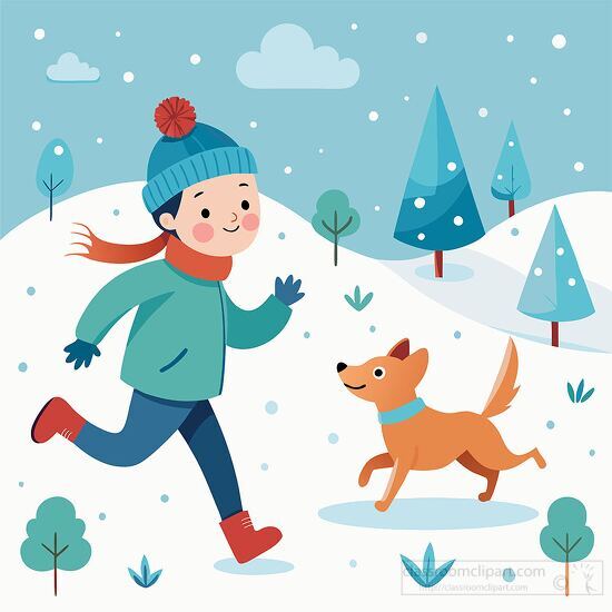 child runs happily alongside their dog in a snowy winter