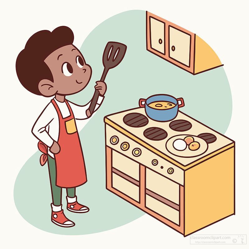 child wearing an apron and holding a spatula learnng to cook eggs