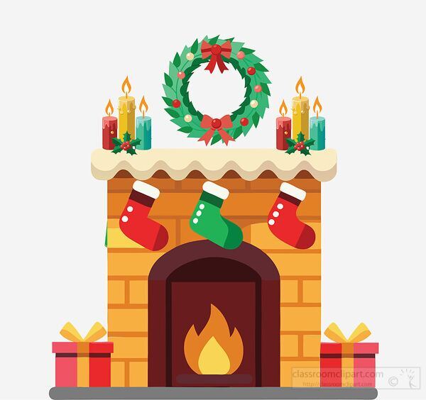 Christmas fireplace with a crackling fire and colorful decoratio