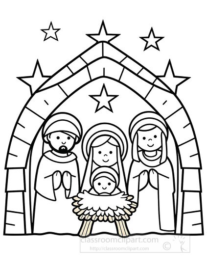 Christmas nativity scene with Jesus in a manger printable black