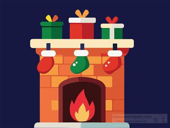 Christmas stockings and presents decorate a brick fireplace with