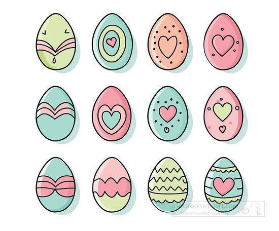 collection of decorated eggs with various patterns and hearts in