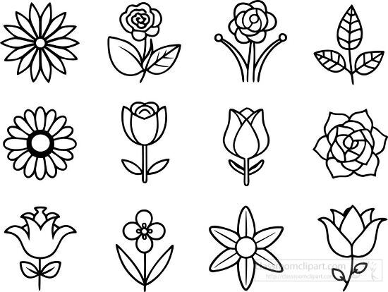 collection of flower black outline icons with various types of f