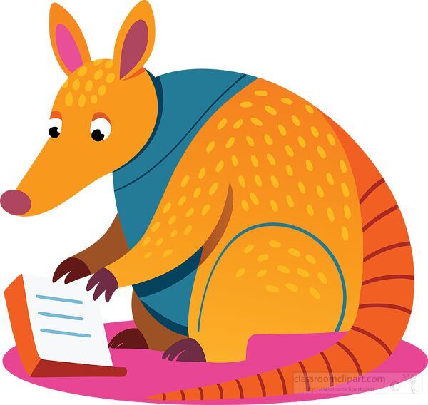 colorful armadillo with a blue vest reads a book