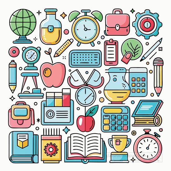 colorful collection of icons featuring learning and education