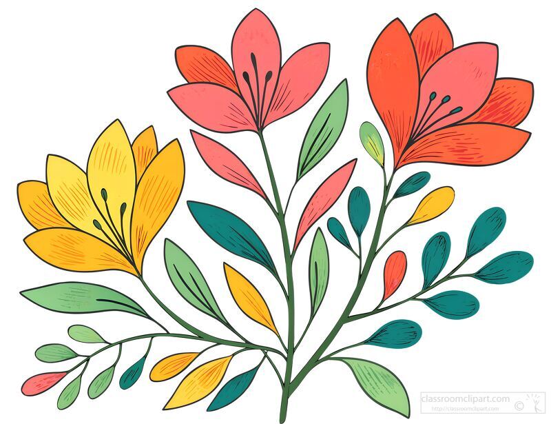 colorful Hand-drawn colorful floral bouquets and green leaves