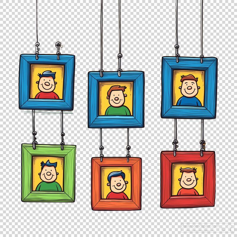 Colorful Hanging Frames With Cheerful Faces Displayed Inside