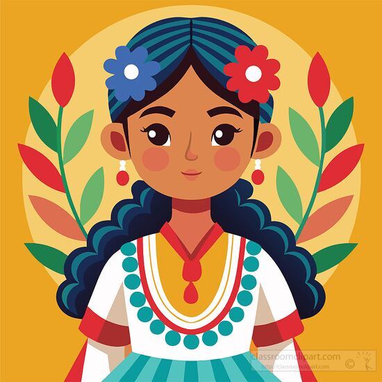 colorful illustration of a girl wearing traditional Mexican clot