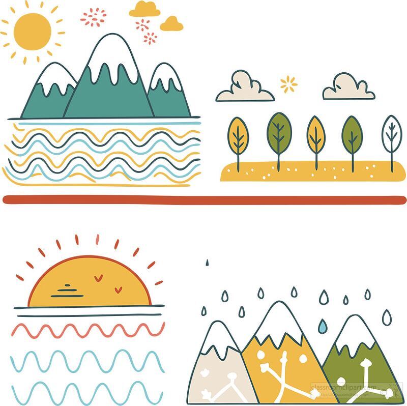 Colorful Landscape Designs With Mountains and Sun Elements