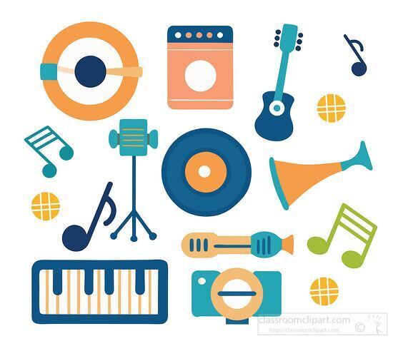 colorful set music instrument icons including guitars drums