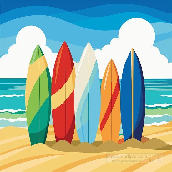 Colorful surfboards on sandy beach clipart for summer