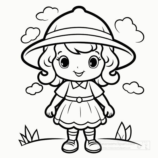 coloring page of a girl in a hat and dress black outline clipart