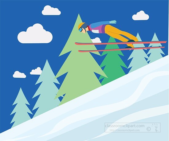 competitor skii jumper in air on snowing mountain clipart