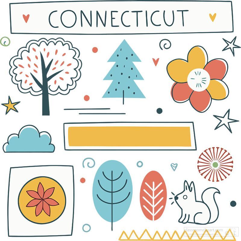 Connecticutsymbols with trees animals flowers in a cartoon style