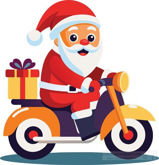 cool Santa rides a motorcycle with a present in tow