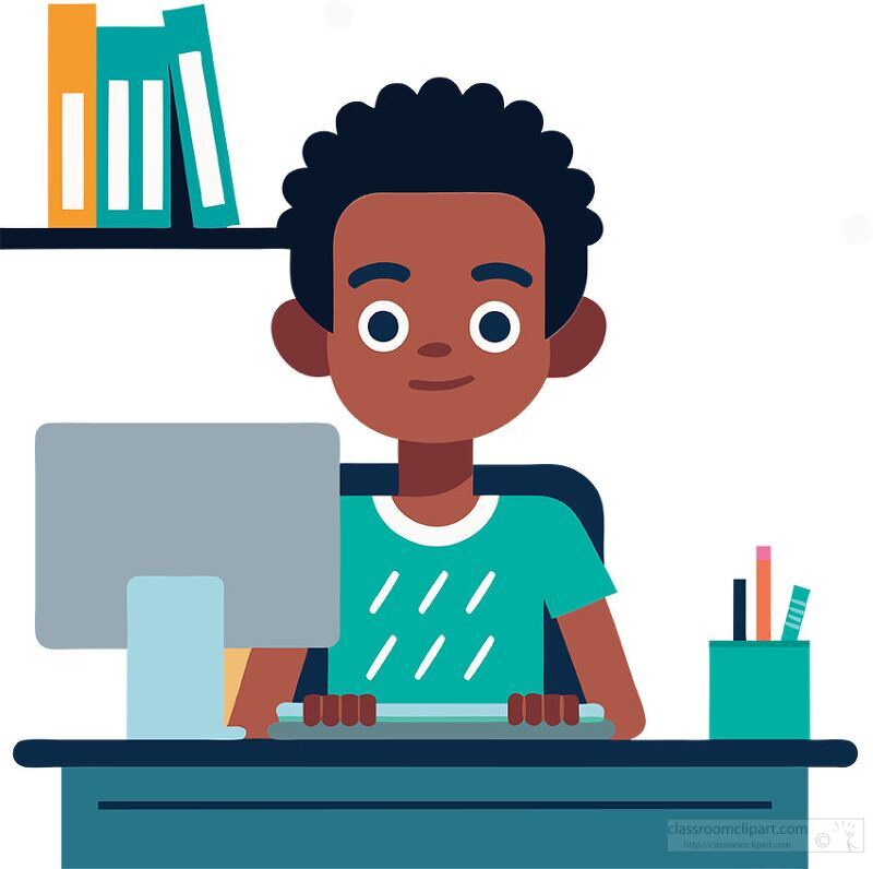 A young boy with curly hair sits at a desk, engaging with a computer. A bookshelf filled with colorful books is in the background, adding a cozy touch to his workspace.