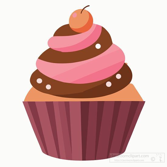 cupcake topped with a swirl of pink and brown frosting and a che