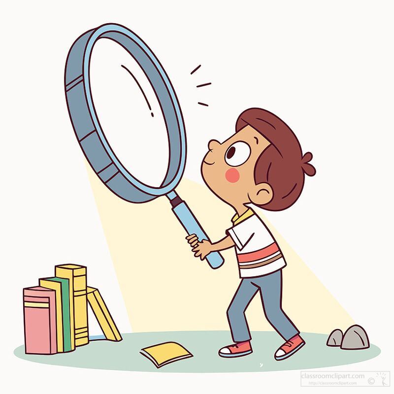 curious child examines something closely with a giant magnifying