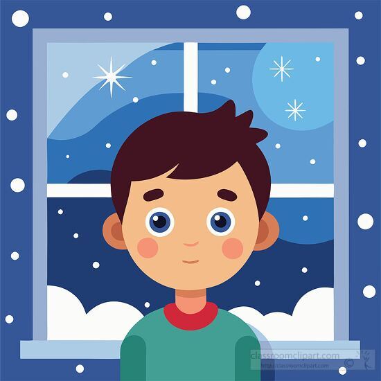 cute boy standing by a window with a snowy night outside