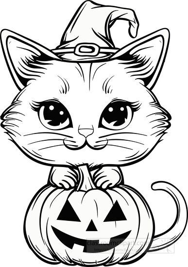 cute cat wearing a witch hat sitting on a jack o lantern