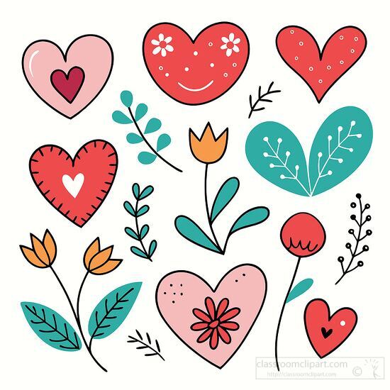 cute doodle of hearts flowers and leaves