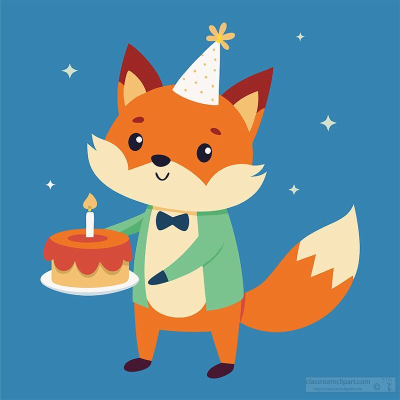 cute fox weas a party hat holds a layered birthday cake