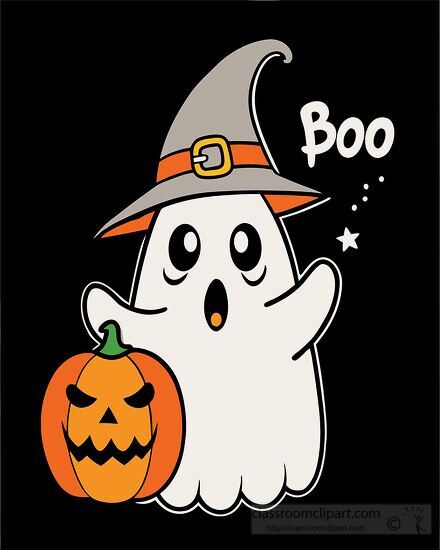 cute ghost with an orange pumpkin with text boo