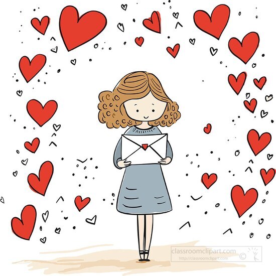 cute girl holds a love letter while surrounded by red hearts