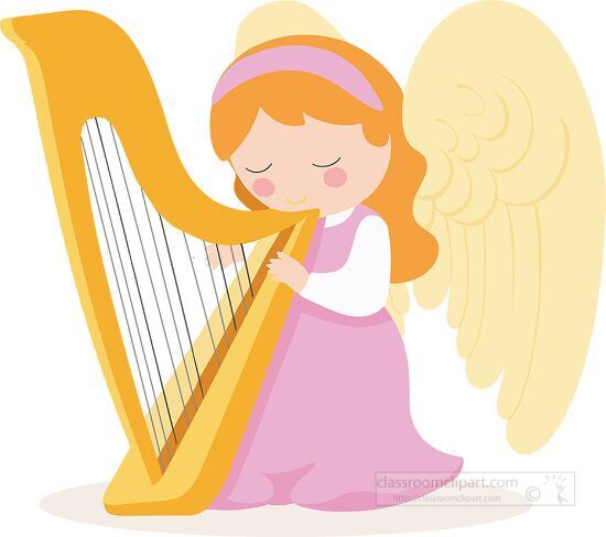 cute illustration of an angel playing a golden harp clipart