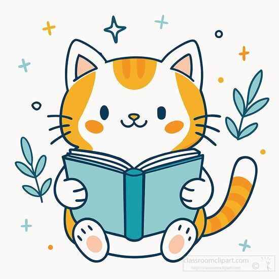 cute orange and white cat reading a book