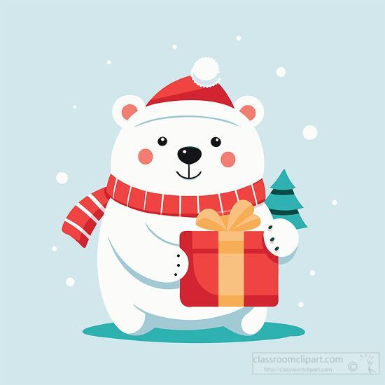 cute polar bear wearing red christmas hat and scarf holding a pr