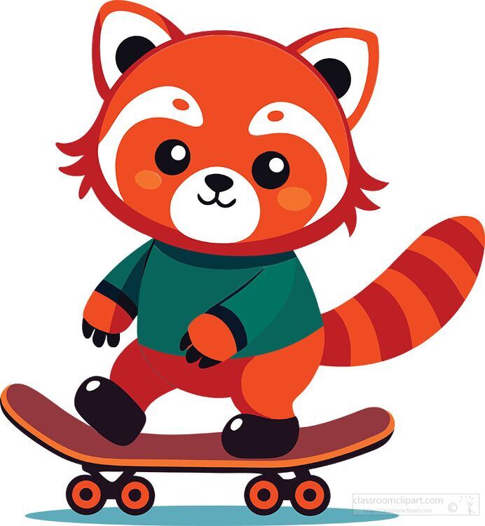 cute red panda with a long tail balances on a skateboard