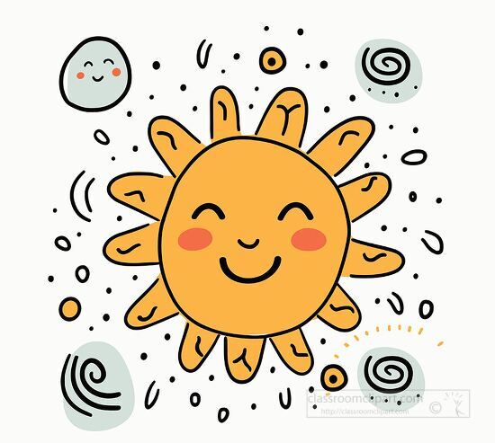 cute sun clipart with yellow rays surrounded by different shapes