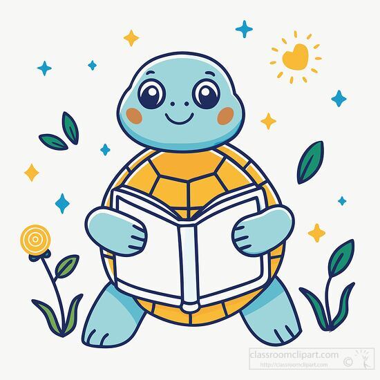 cute turtle holding a blue book with stars and leaves in the bac