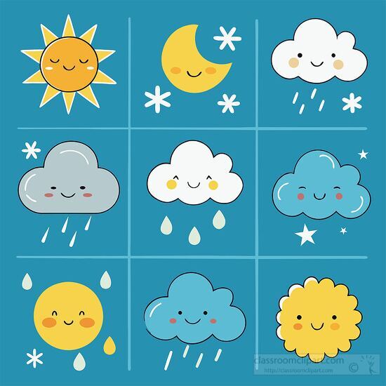 cute weather condition symbols with smiling faces