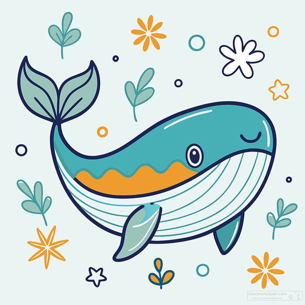 cute whale surrounded by whimsical shapes