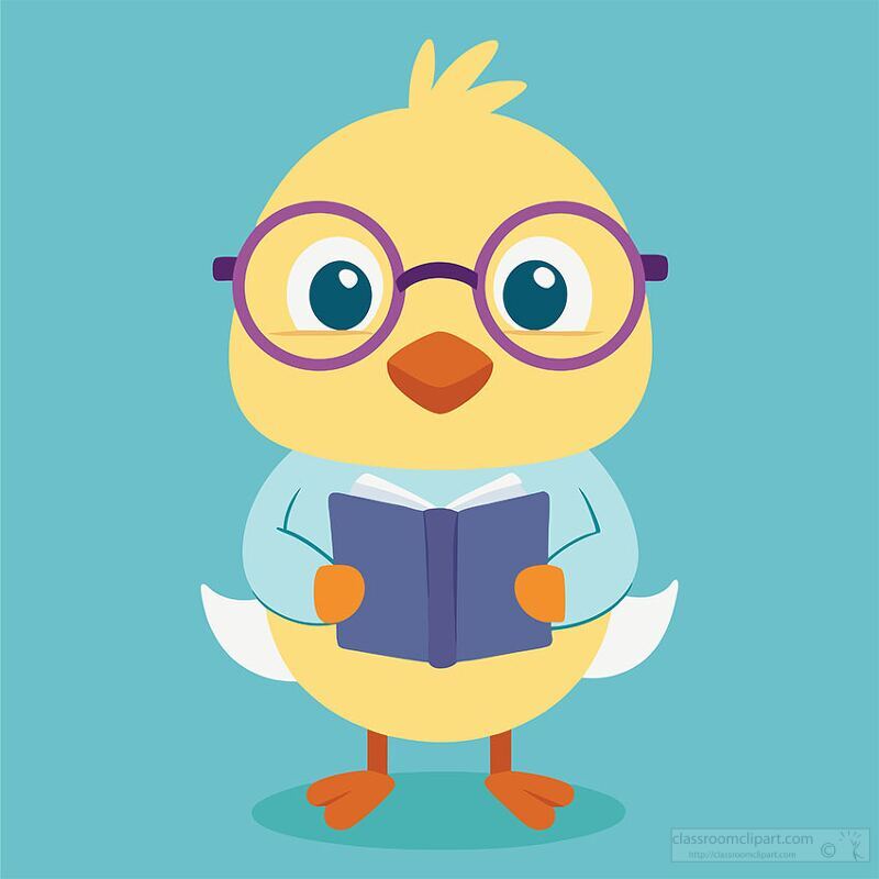 cute yellow chick with glasses is standing while reading a book