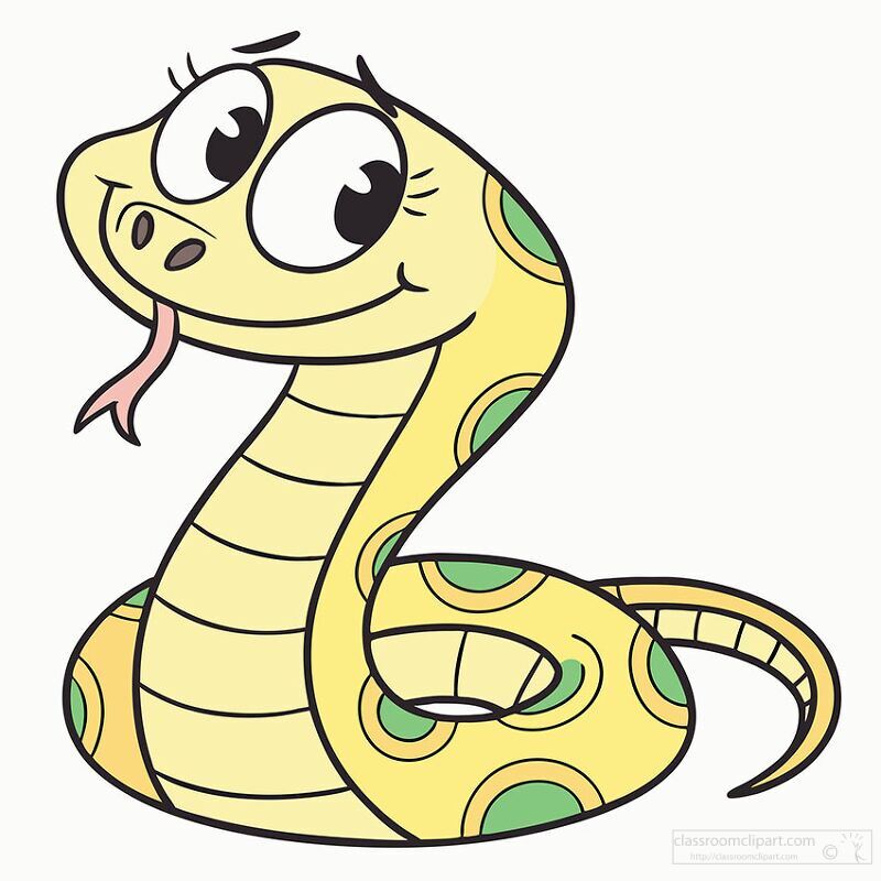 cute yellow snake with green spots and big eyes smiles