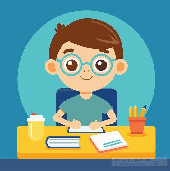 cute young boy wearing glasses in a classroom