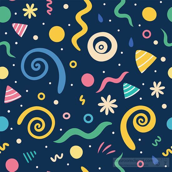 dark blue background fun mix of colorful swirls and party icons