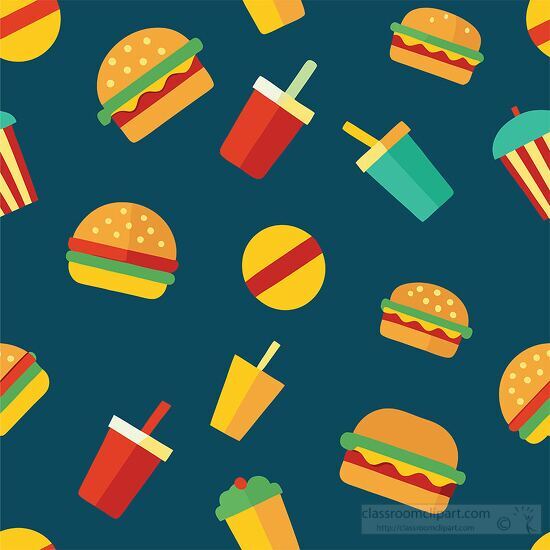 dark blue background highlights vibrant icons of burgers fries a