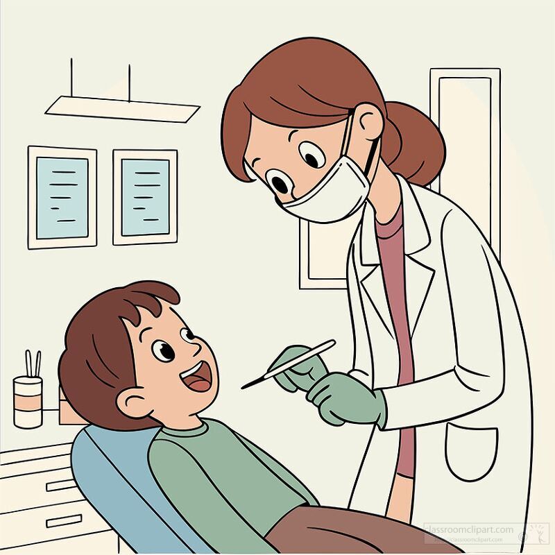 dentist wearing gloves examines a young childs teeth