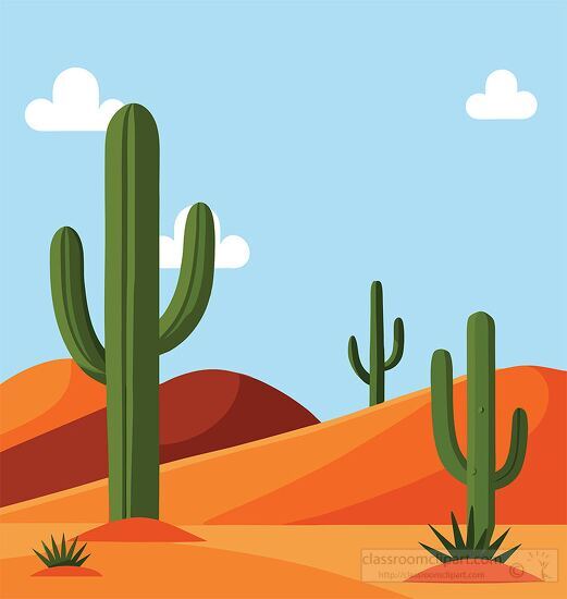 desert landscape with towering cacti and a glowing sunset