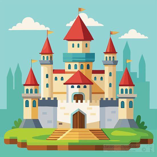 detailed illustration of castle with red roofed towers and flags