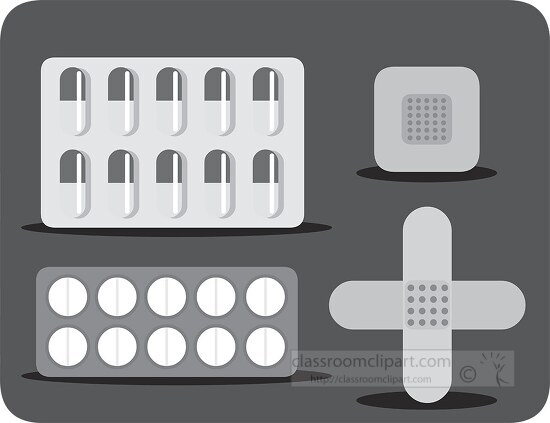 different types of medicines and bandages used in healhcare gray