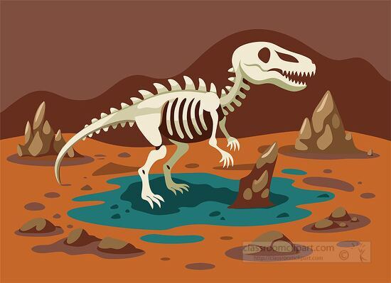 dinosaur skeleton standing in rocky prehistoric terrain clipart