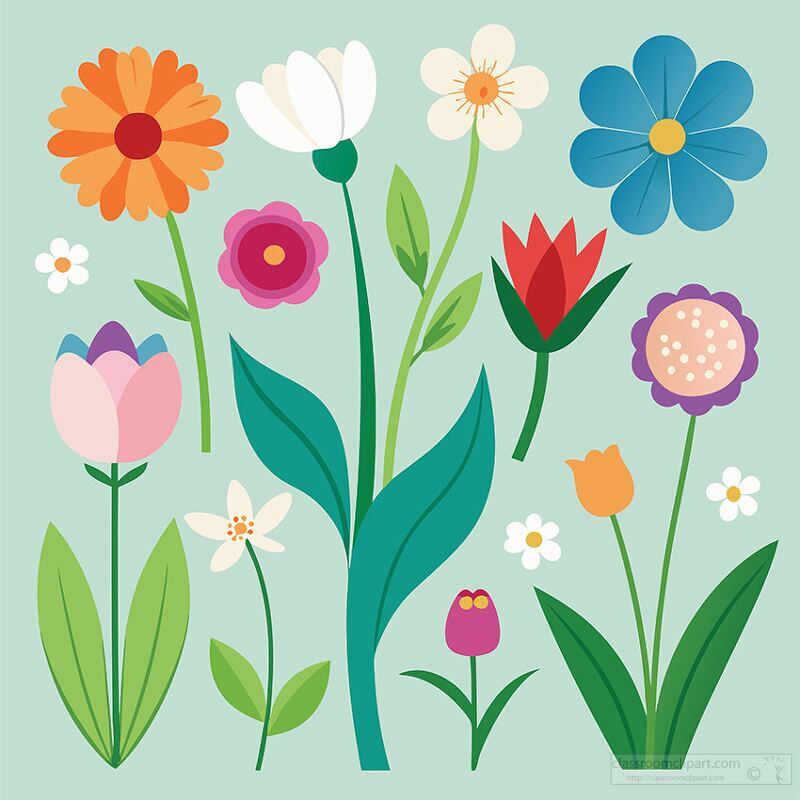 diverse set of cartoon style floral elements ideal for creative 