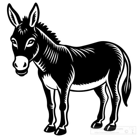 Donkey line art showing long ears and tail