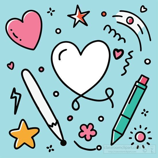 doodles with pens pencils hearts stars and design elements